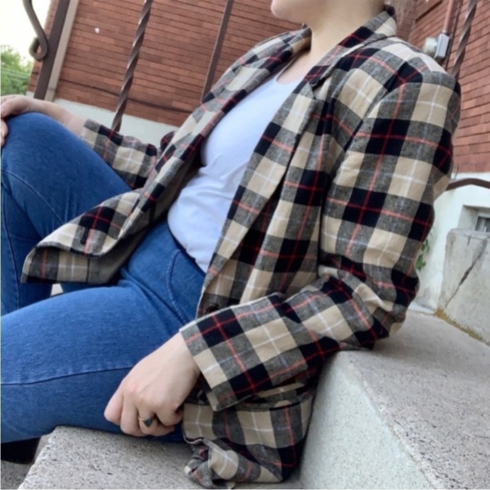 SAG HARBOR plaid‎ vintage Linen Neutral Check Plaid Retro Long Line Blazer 6P - Picture 2 of 11